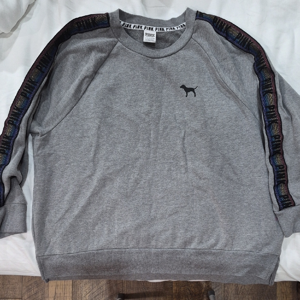 PINK Victoria's Secret Gray Sweatshirt with Multicolor Striped Sleeves Size XL